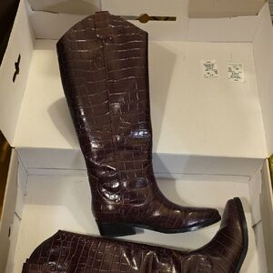 Beautiful MARC FISHER Brown Croc-Embossed Knee-High Boots